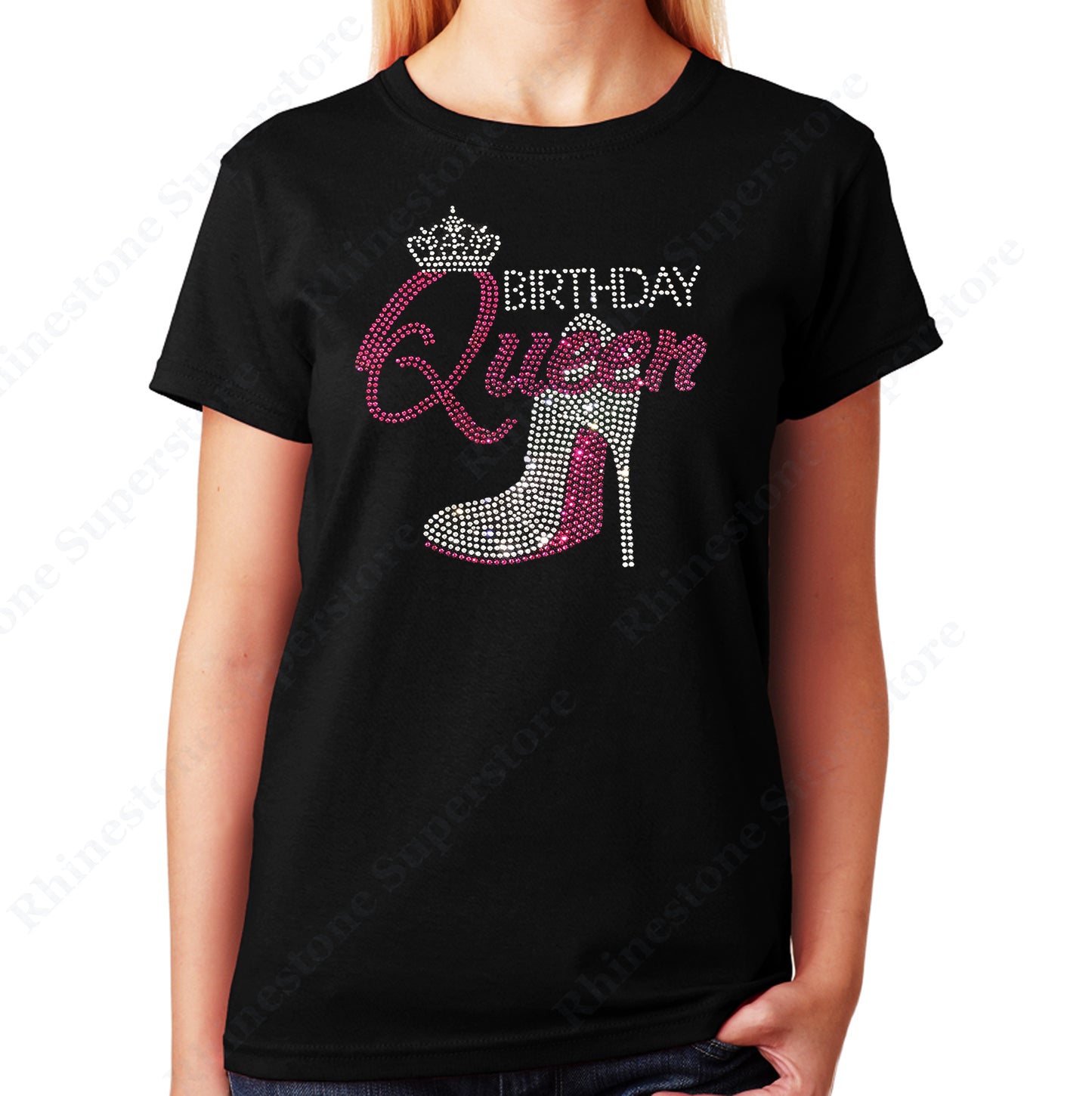 Unisex Pink Birthday Queen with Heel in Rhinestones