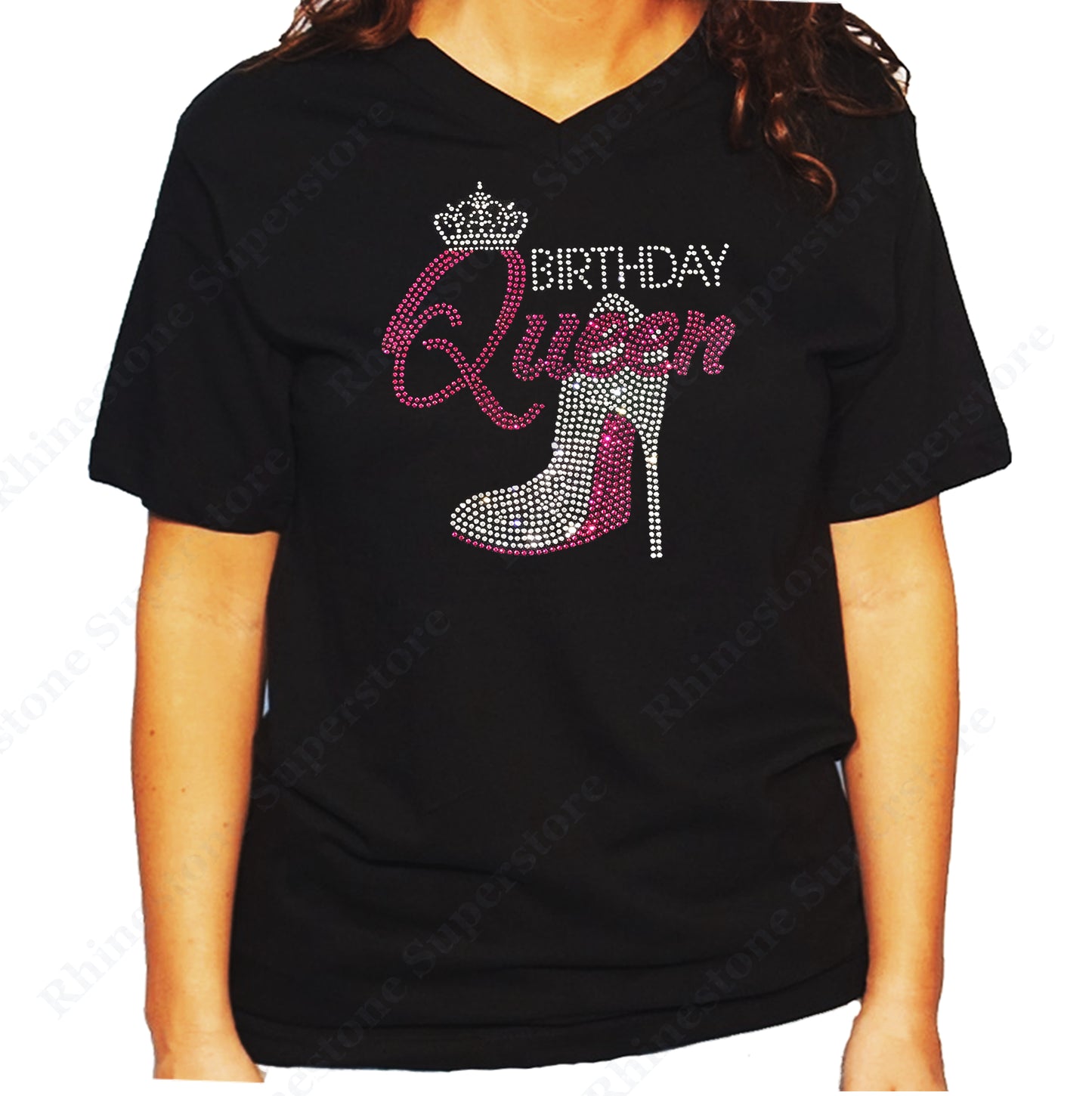 Women's / Unisex T-Shirt with Pink Birthday Queen with Heel in Rhinestones