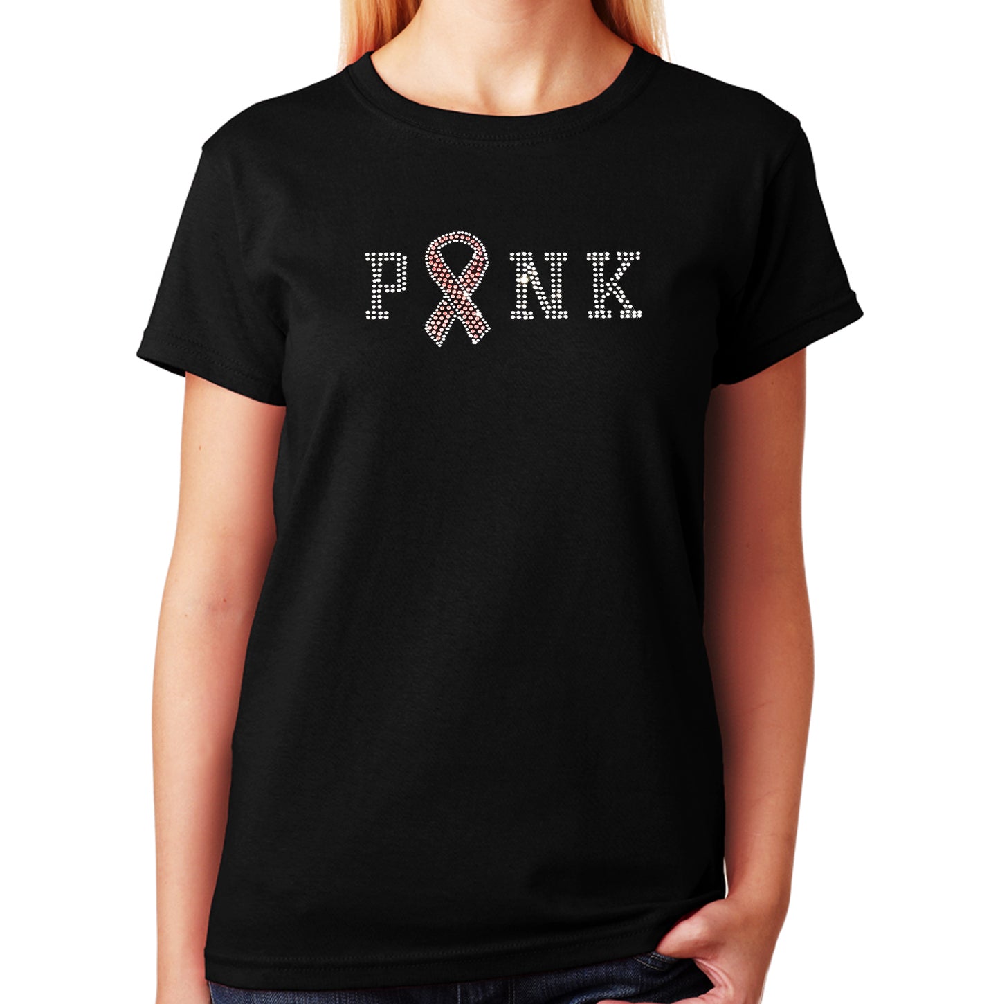 Women's / Unisex T-Shirt with Pink Cancer Awareness Ribbon in Rhinestones