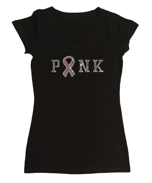 Womens T-shirt with Pink and Crystal Faith Cross in Rhinestones