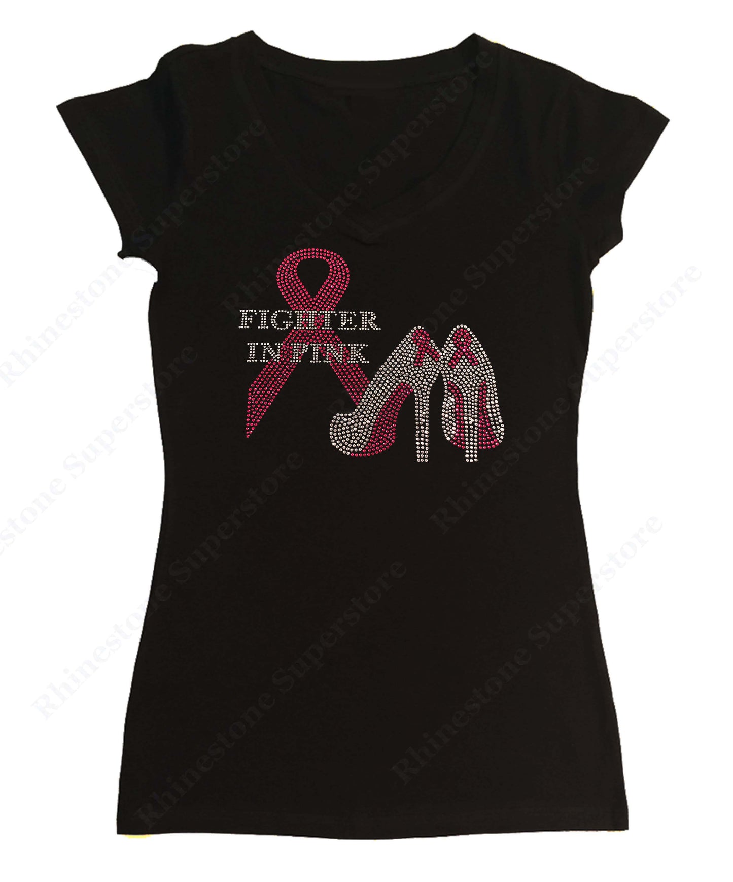 Womens T-shirt with Pink Cancer Ribbon & Heels in Rhinestones