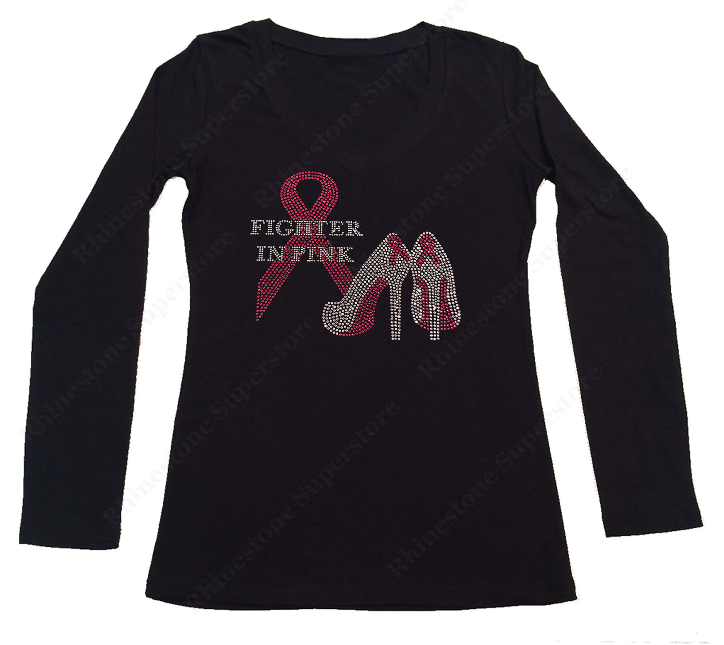 Womens T-shirt with Pink Cancer Ribbon & Heels in Rhinestones