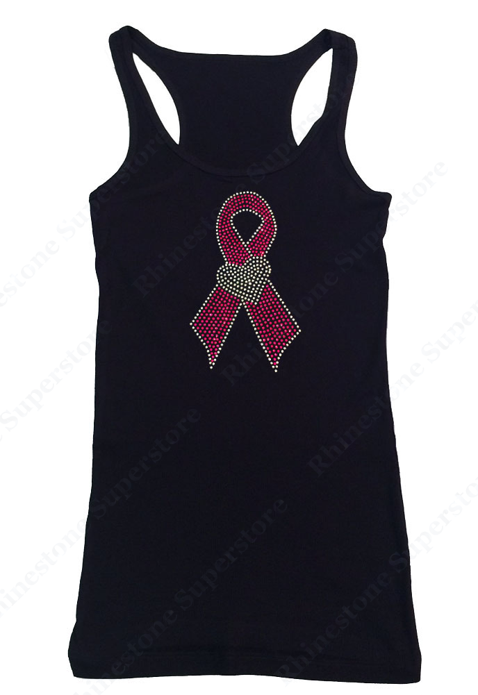 Womens T-shirt with Pink Cancer Ribbon with Crystal Heart in Rhinestones