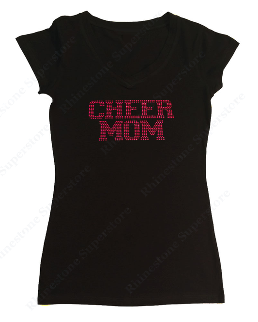 Womens T-shirt with Pink Cheer Mom in Rhinestones