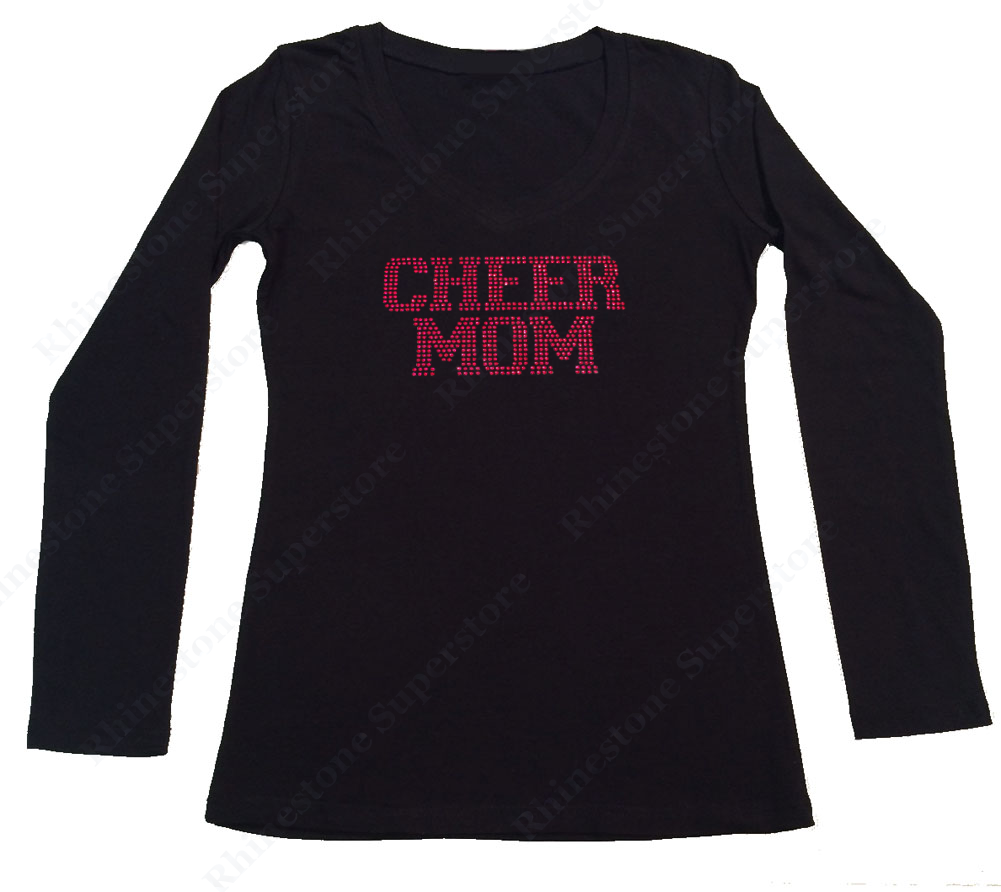 Womens T-shirt with Pink Cheer Mom in Rhinestones