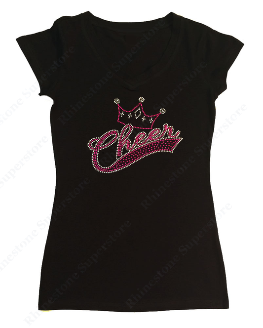 Womens T-shirt with Pink Cheer with Crown in Rhinestones