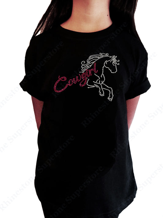 Girls Rhinestone T-Shirt Pink Cowgirl with Horse in Rhinestones