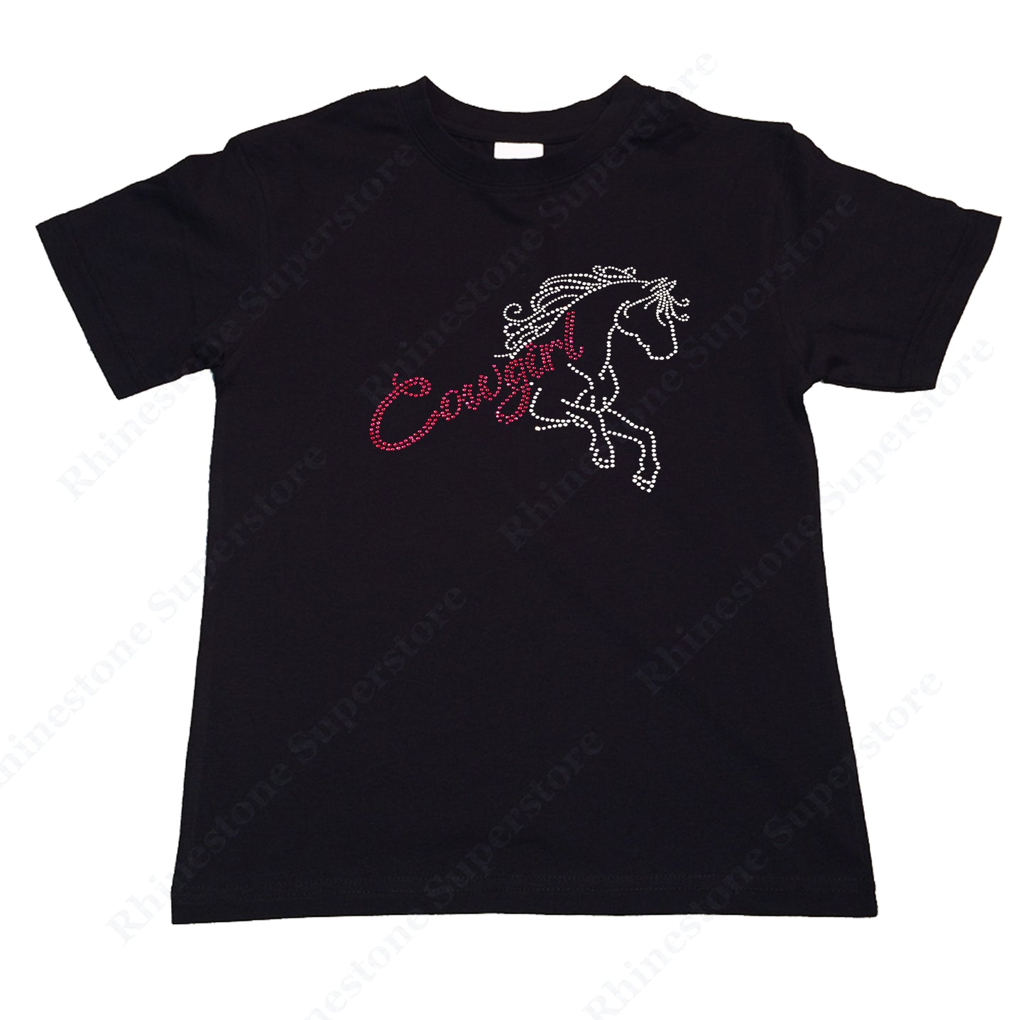 Girls Rhinestone T-Shirt " Pink Cowgirl with Horse in Rhinestones " Kids Size 3 to 14 Available