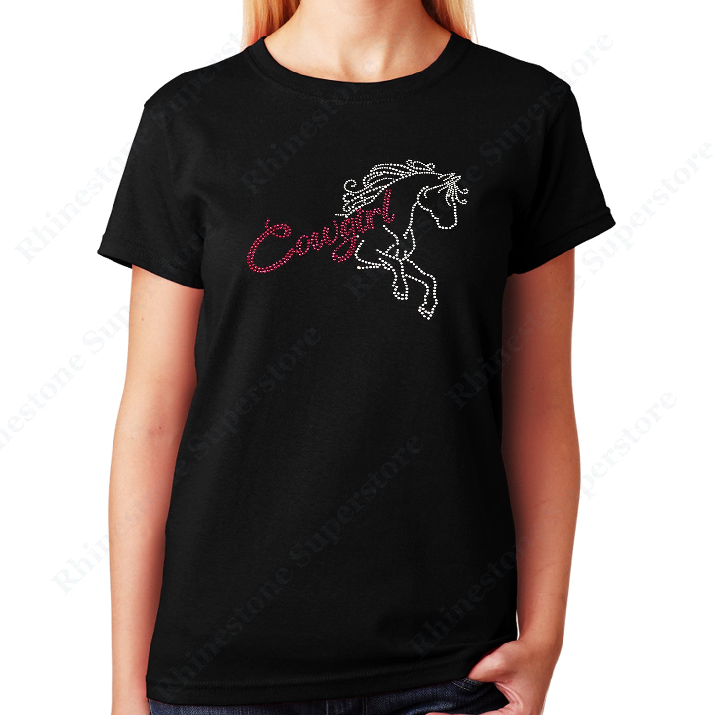 Unisex T-Shirt with Pink Cowgirl with Horse in Rhinestones