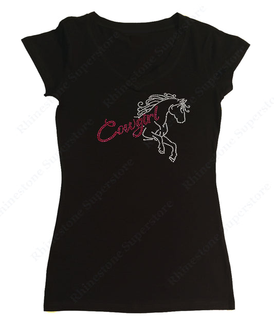 Womens T-shirt with Pink Cowgirl with Horse in Rhinestones