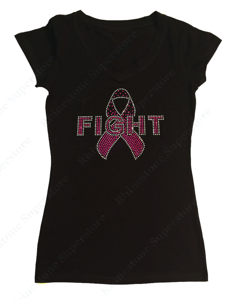 Womens T-shirt with Pink Fight Cancer Ribbon in Rhinestones
