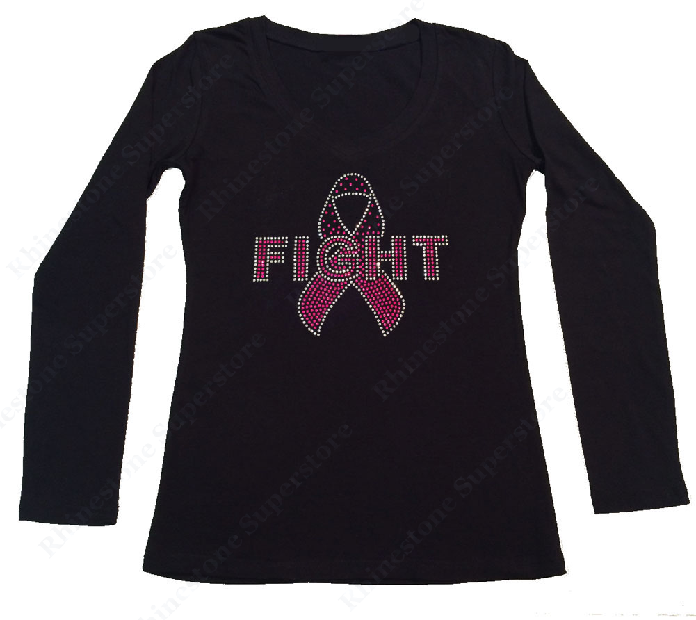 Womens T-shirt with Pink Fight Cancer Ribbon in Rhinestones