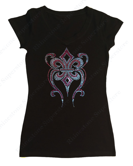 Womens T-shirt with Pink Fleur De Lis in Rhinestones