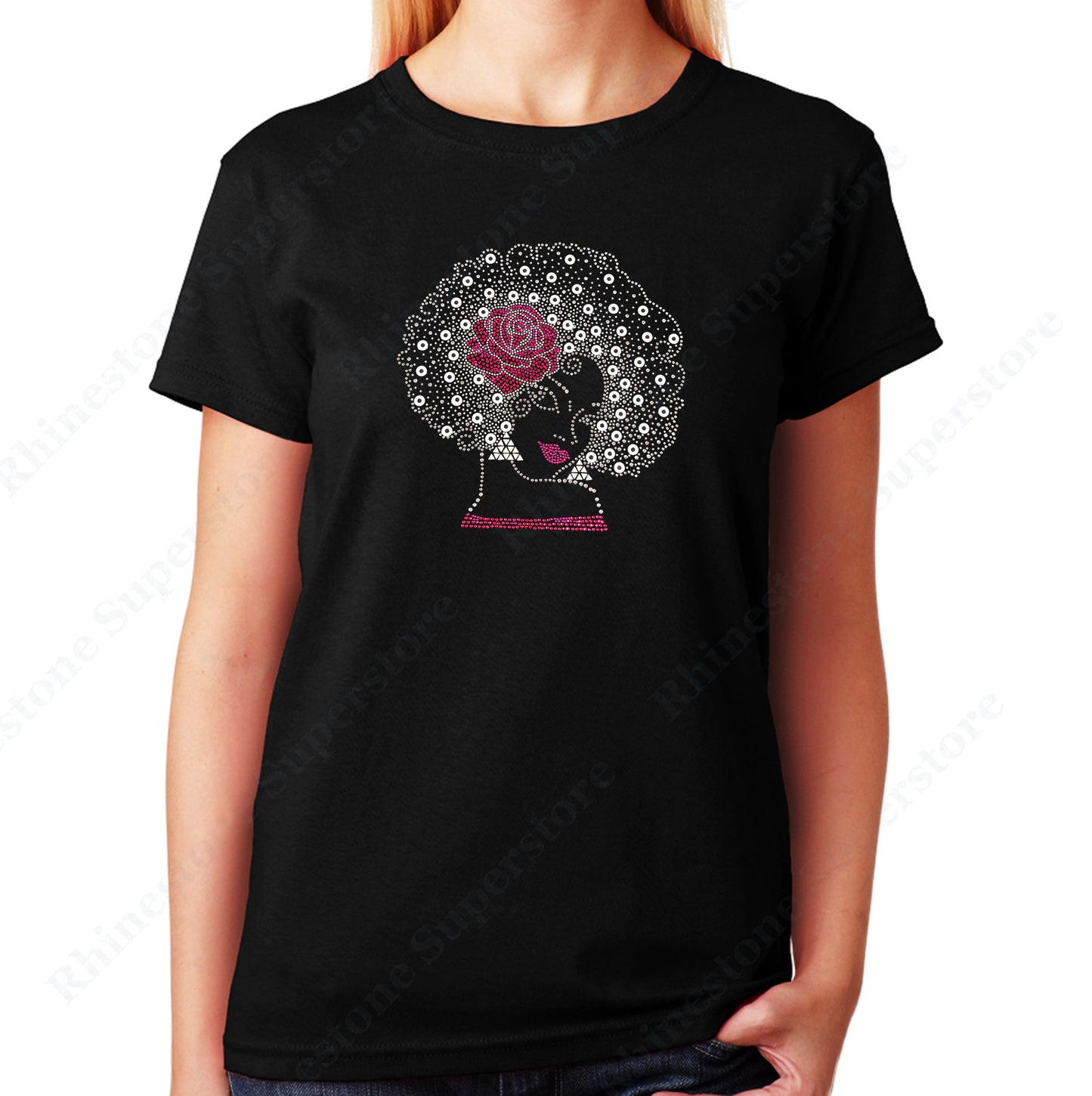 Women's / Unisex T-Shirt with Pink Flower Afro Girl in Rhinestones