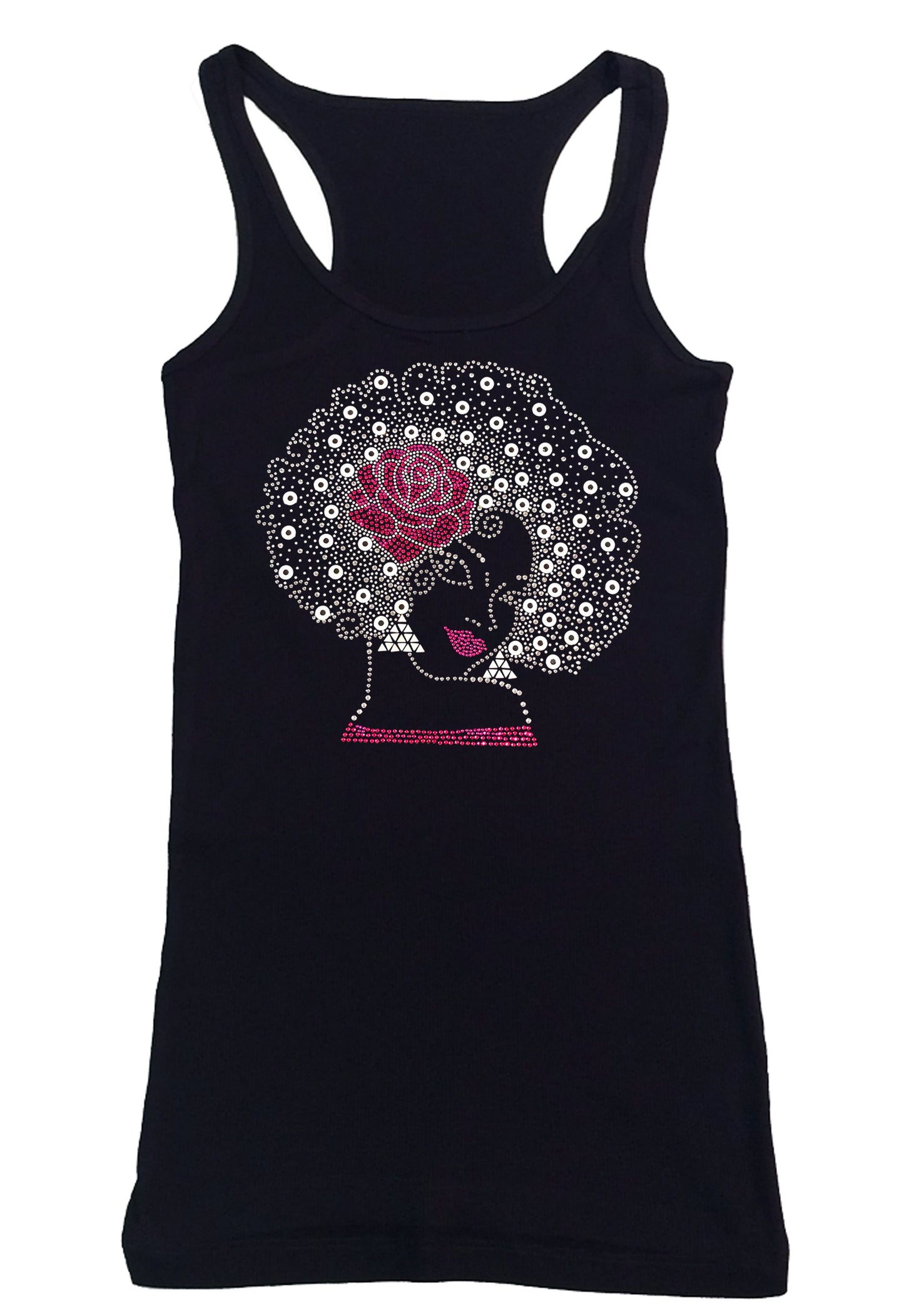 Womens T-shirt with Pink Flower Afro Girl in Rhinestones
