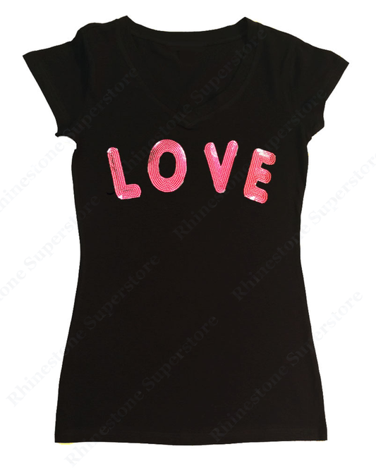 Womens T-shirt with Pink Love in Sequence
