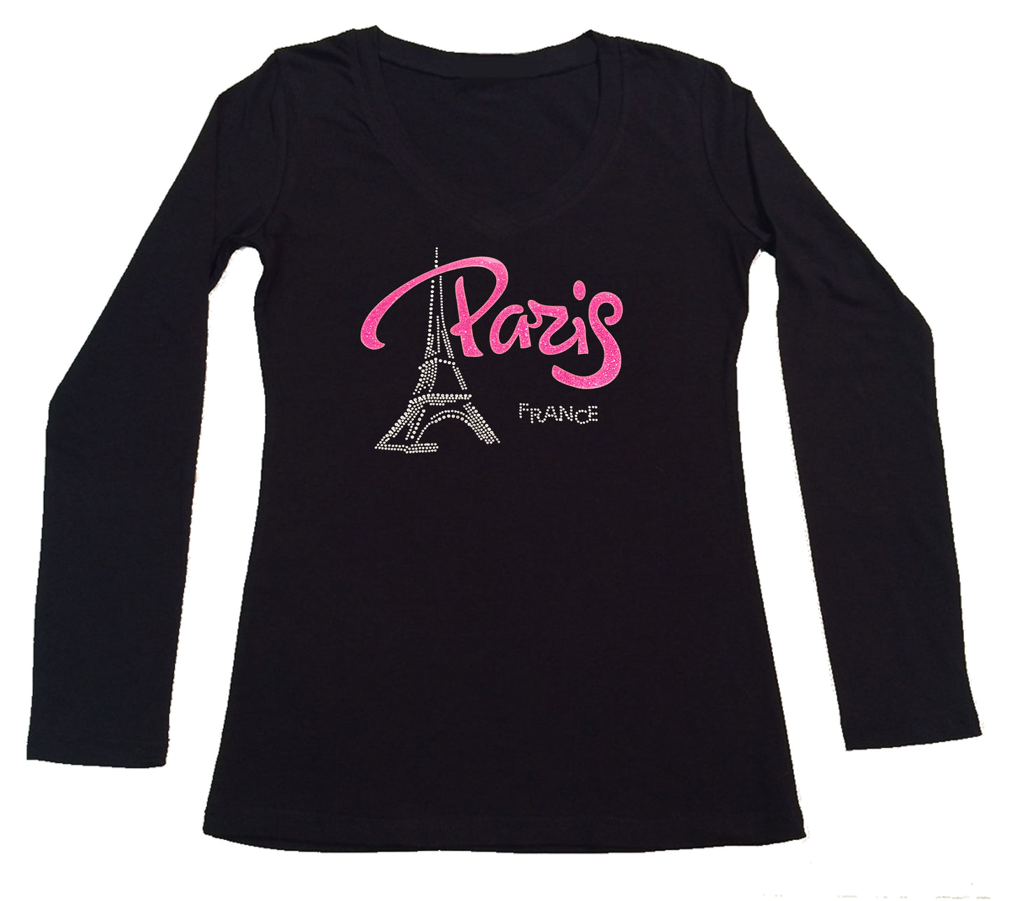 Womens T-shirt with Pink Paris Eiffel Tower in Rhinestones