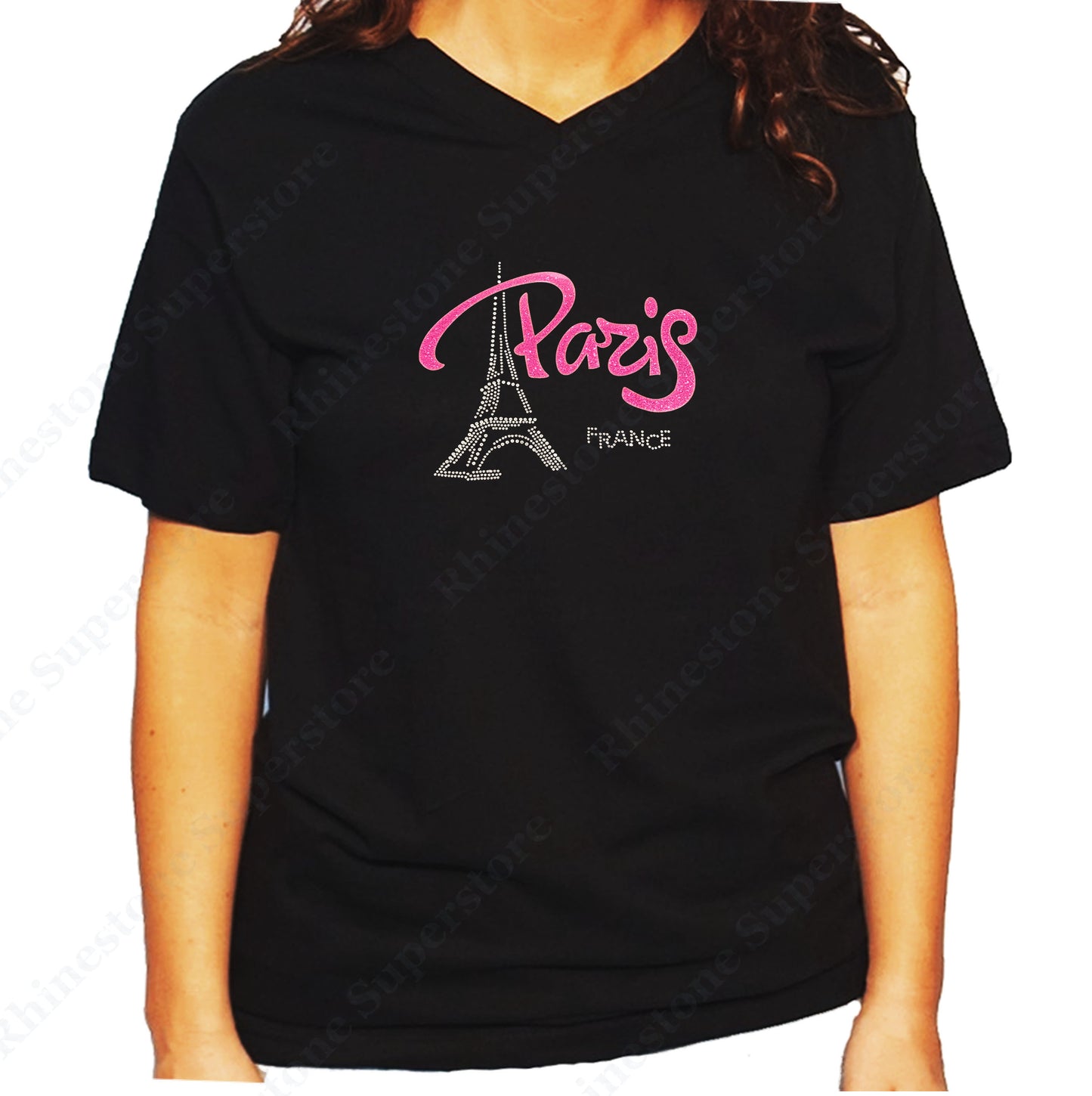 Women's / Unisex T-Shirt with Pink Paris Eiffel Tower in Rhinestones