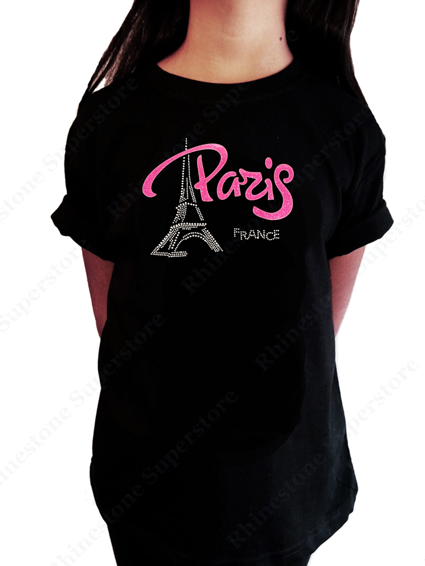 Girls Rhinestone T-Shirt " Pink Paris Eiffel Tower " Kids Size 3 to 14 Available