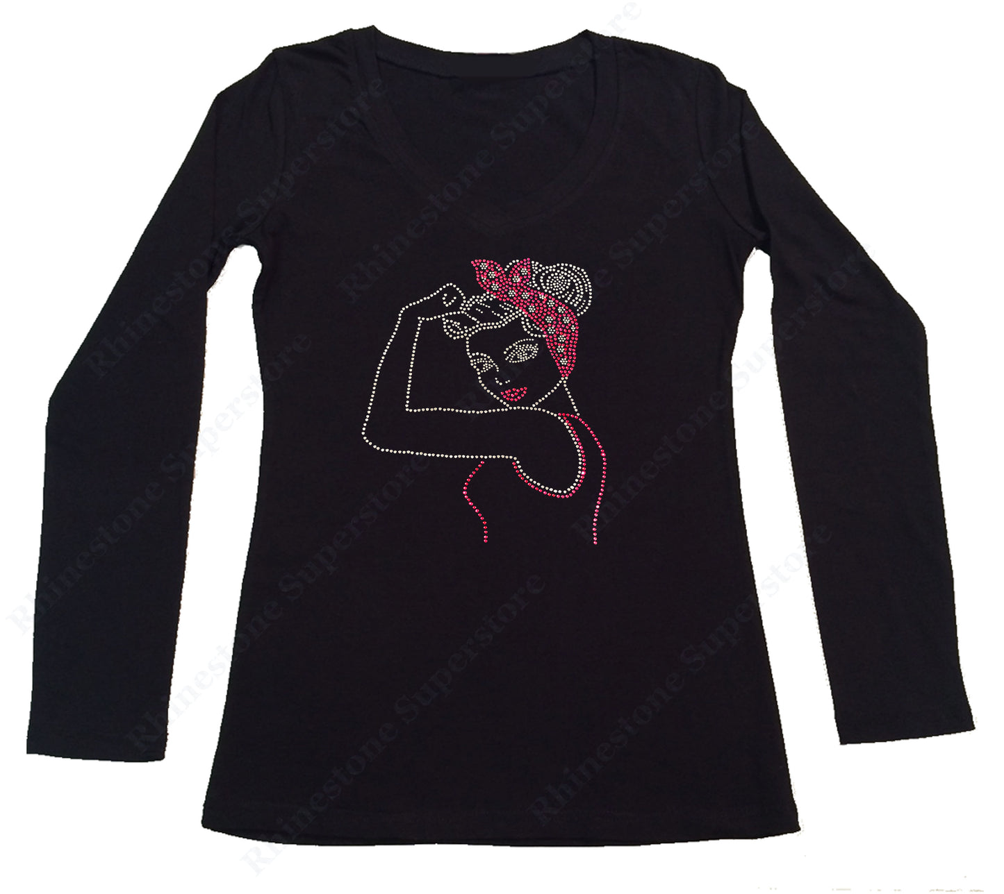 Womens T-shirt with Pink Pin Up Girl in Rhinestones
