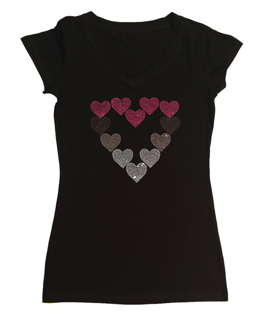 Womens T-shirt with Pink, Purple & Crystal Hearts in Rhinestones