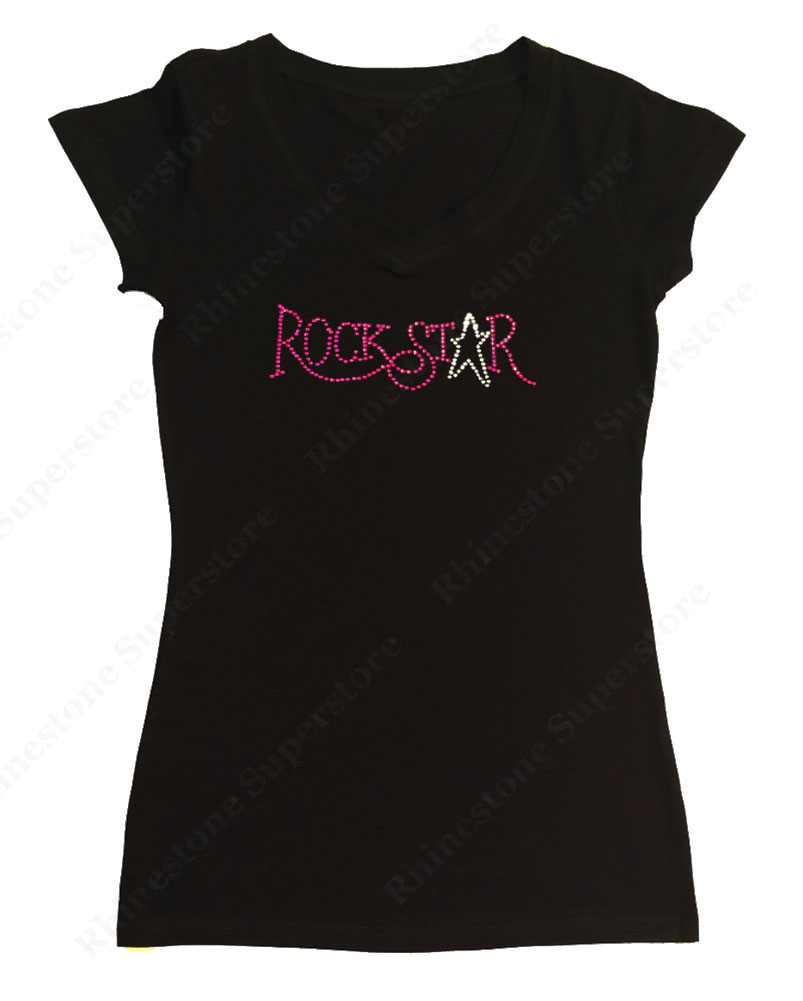 Womens T-shirt with Pink Rockstar in Rhinestones