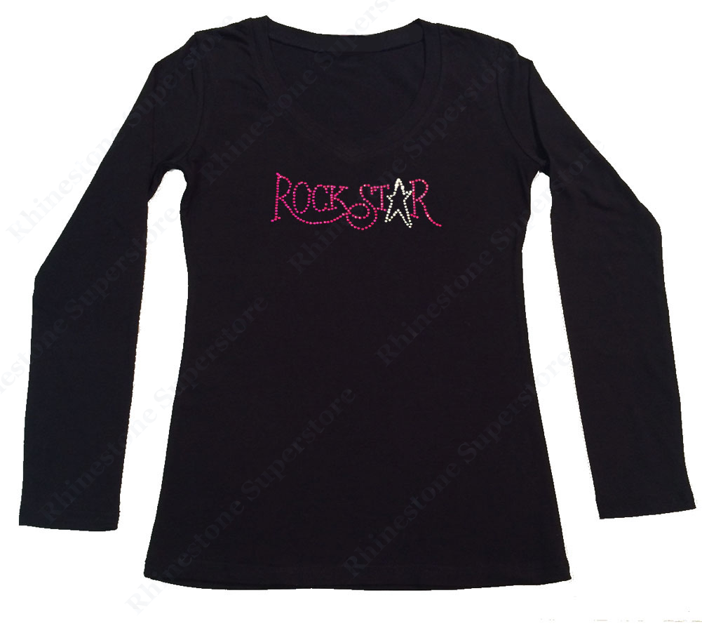 Womens T-shirt with Pink Rockstar in Rhinestones