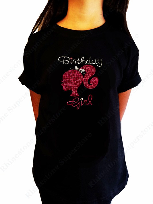 Girls Rhinestone T-Shirt "Pink Silhouette Birthday Girl" Kids Size 3 to 14 Available