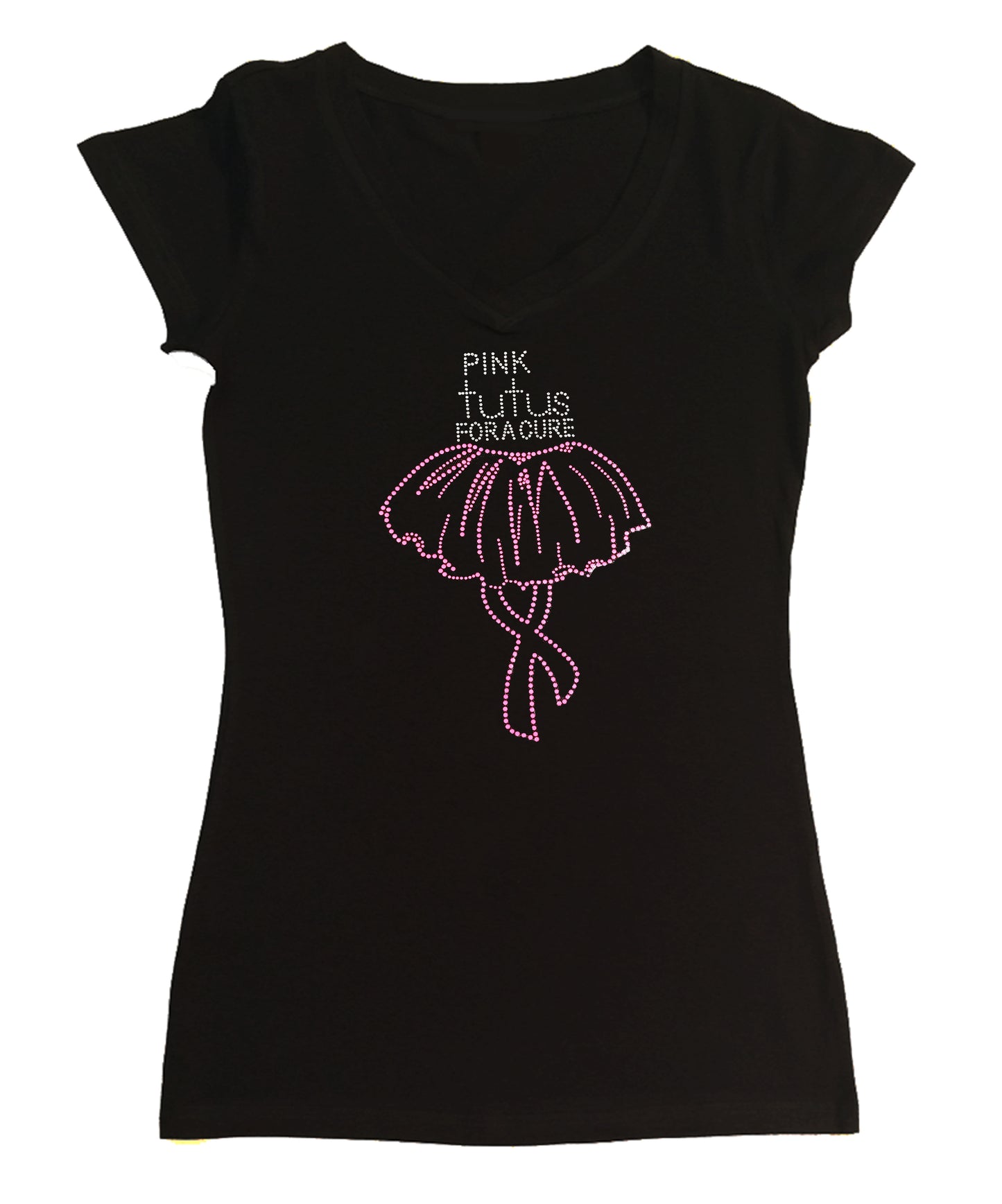 Womens T-shirt with Pink Tutus for a Cure Cancer Awarness in Rhinestones
