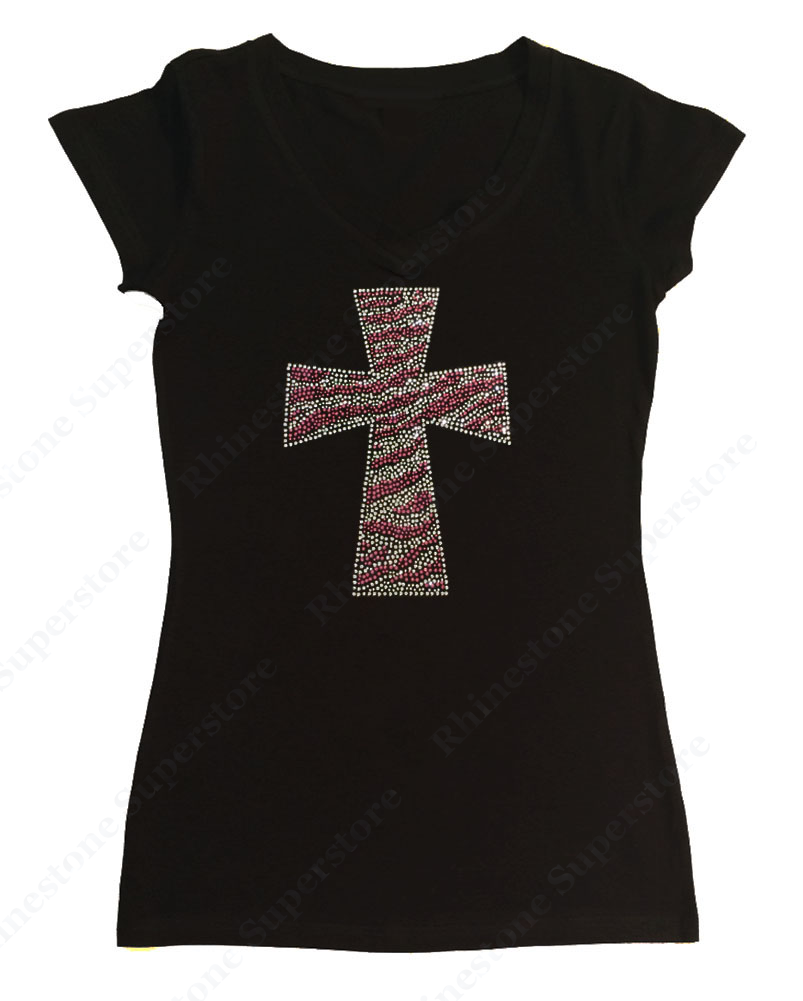 Womens T-shirt with Pink Zebra Cross in Rhinestones
