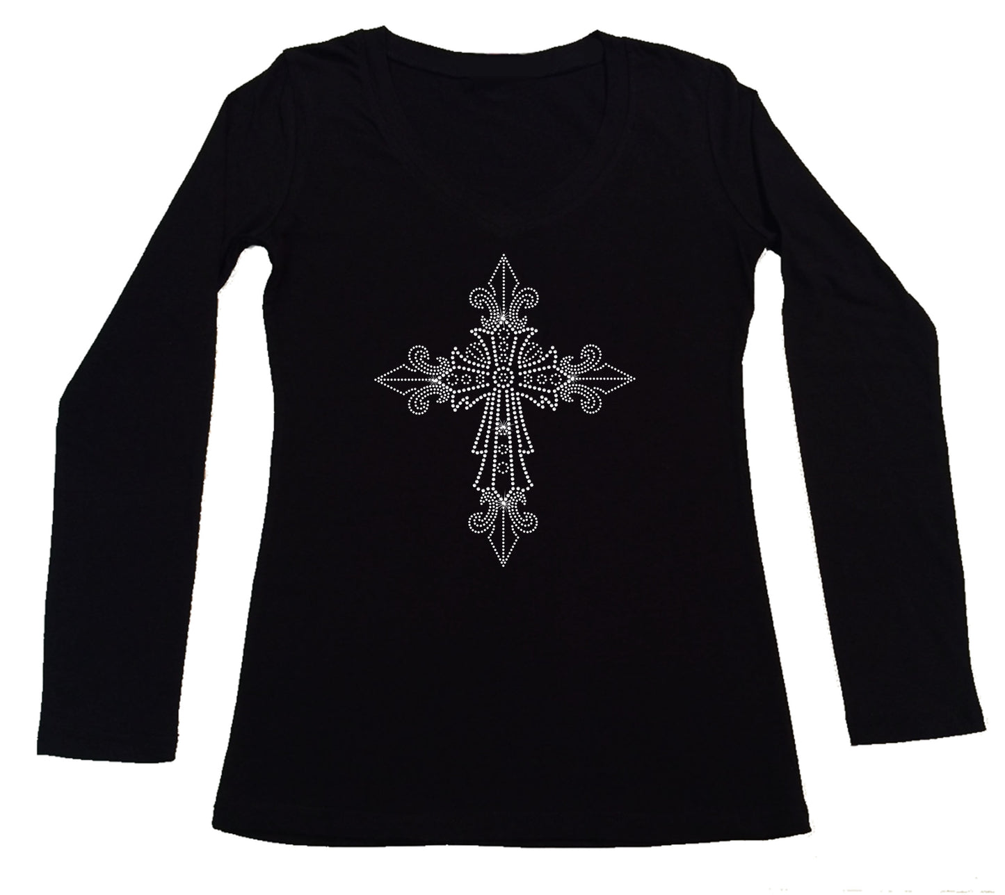 Women's Rhinestone Fitted Tight Snug Shirt Pointed Crystal Cross - Rhinestone Shirt, Jesus Bling