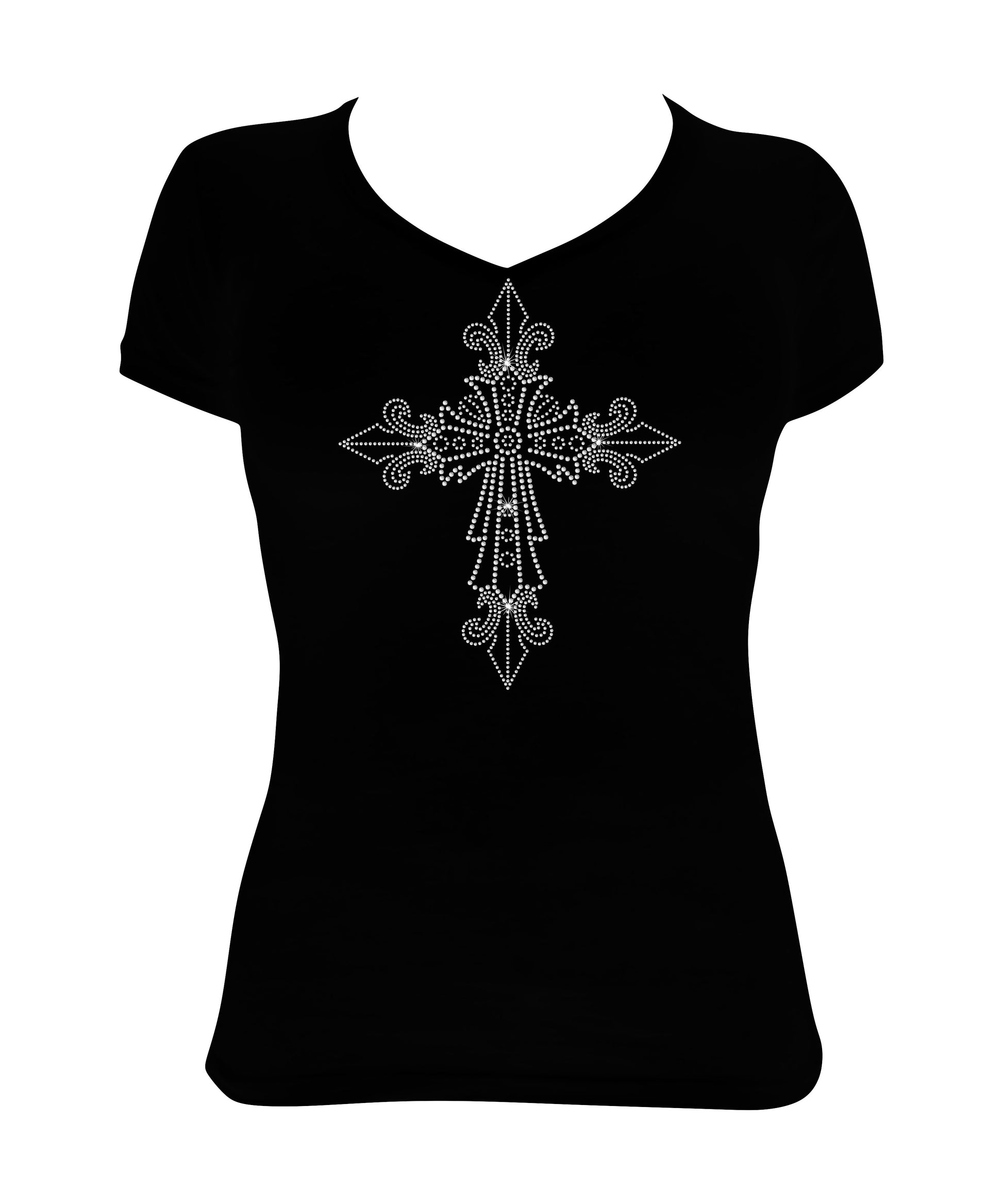 Women's Rhinestone Fitted Tight Snug Shirt Pointed Crystal Cross