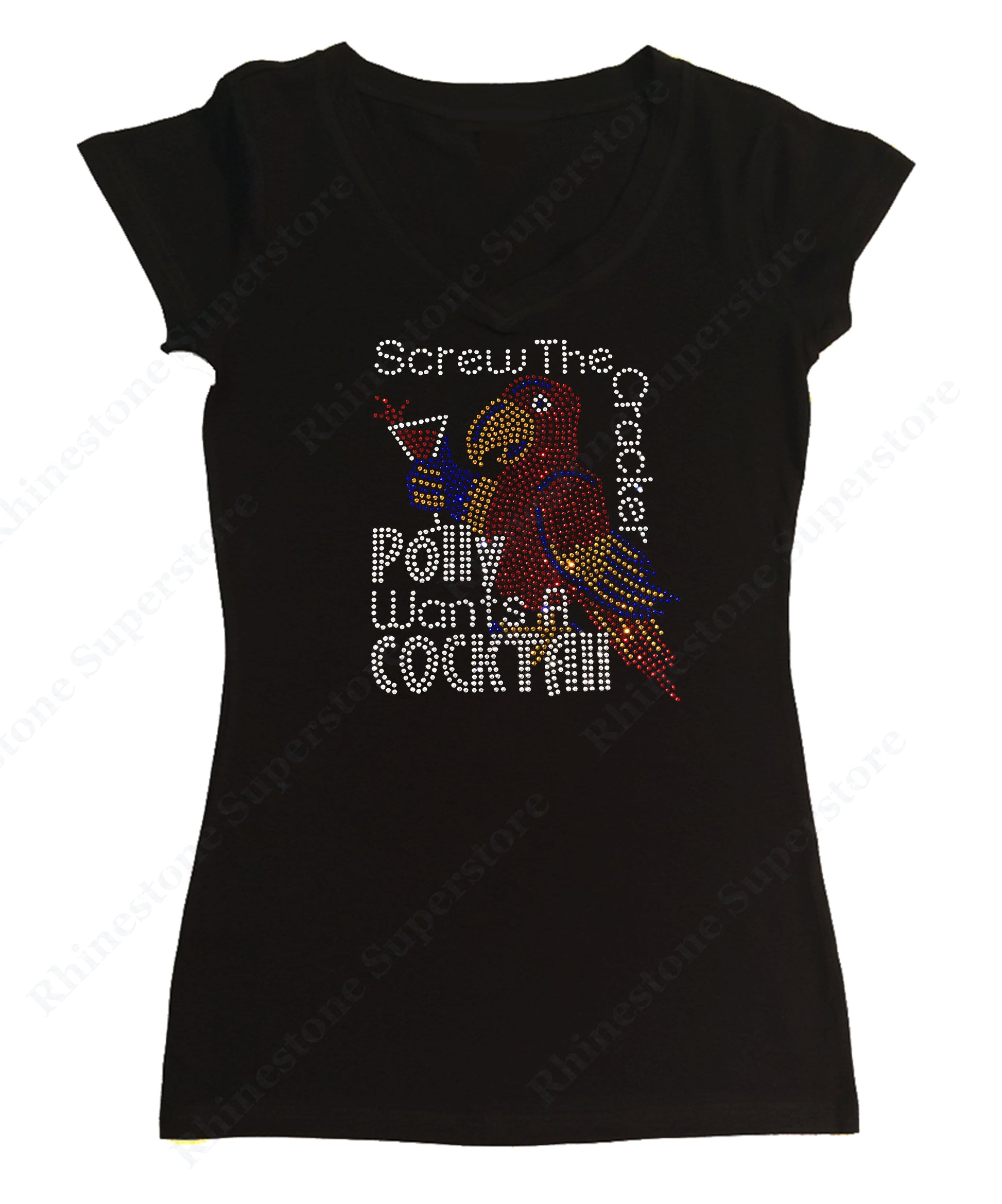Womens T-shirt with Poly wants a Cocktail Drink in Rhinestones