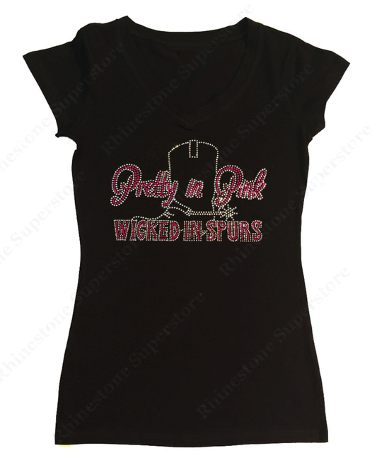 Womens T-shirt with Pretty in Pink Wicked in Spurs in Rhinestones