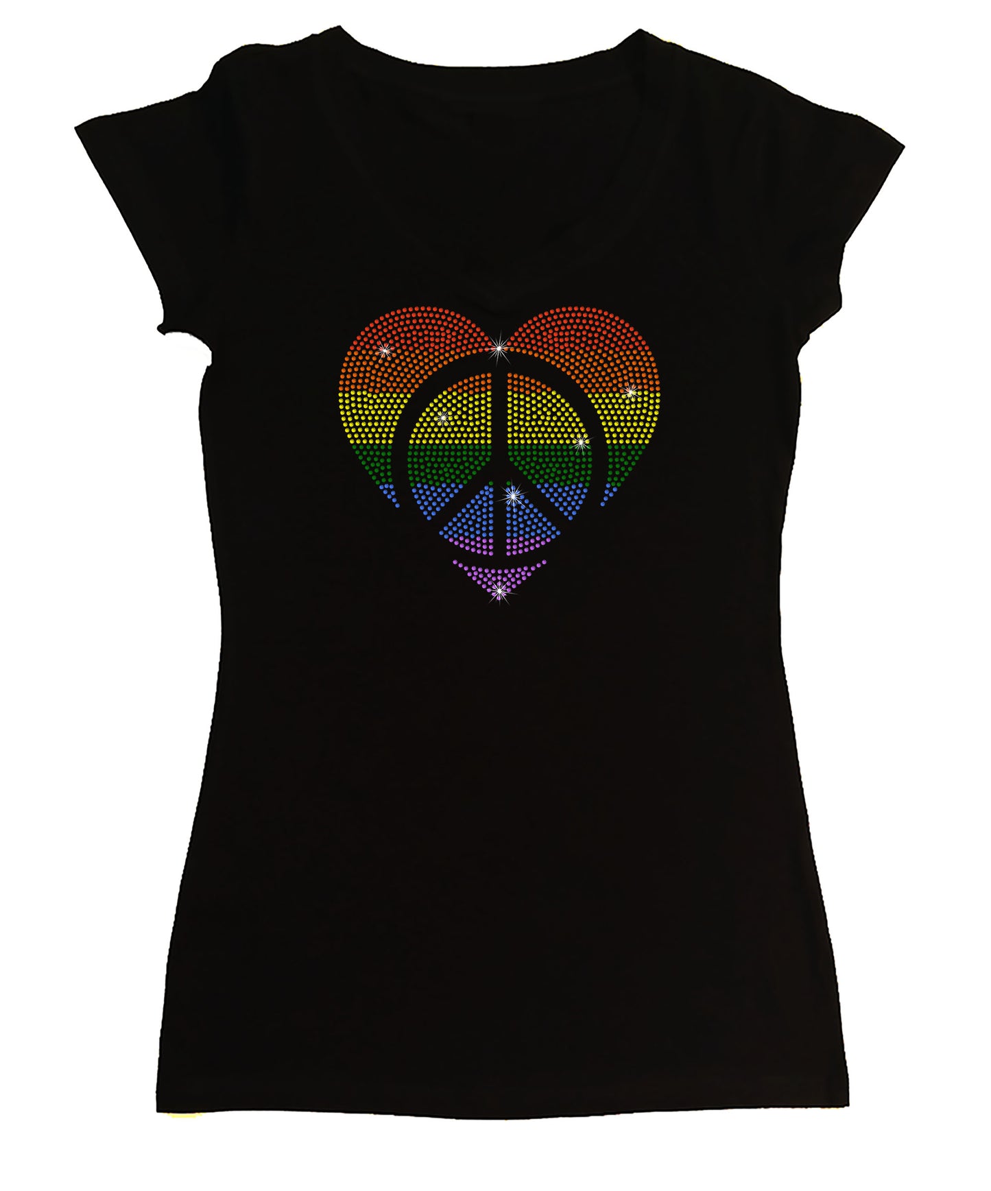 Women's Rhinestone Fitted Tight Snug Shirt Rainbow Heart & Peace Sign - Rhinestone Pride Shirt