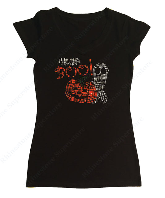 Womens T-shirt with Pumpkin and Ghost with Boo for Halloween in Rhinestones