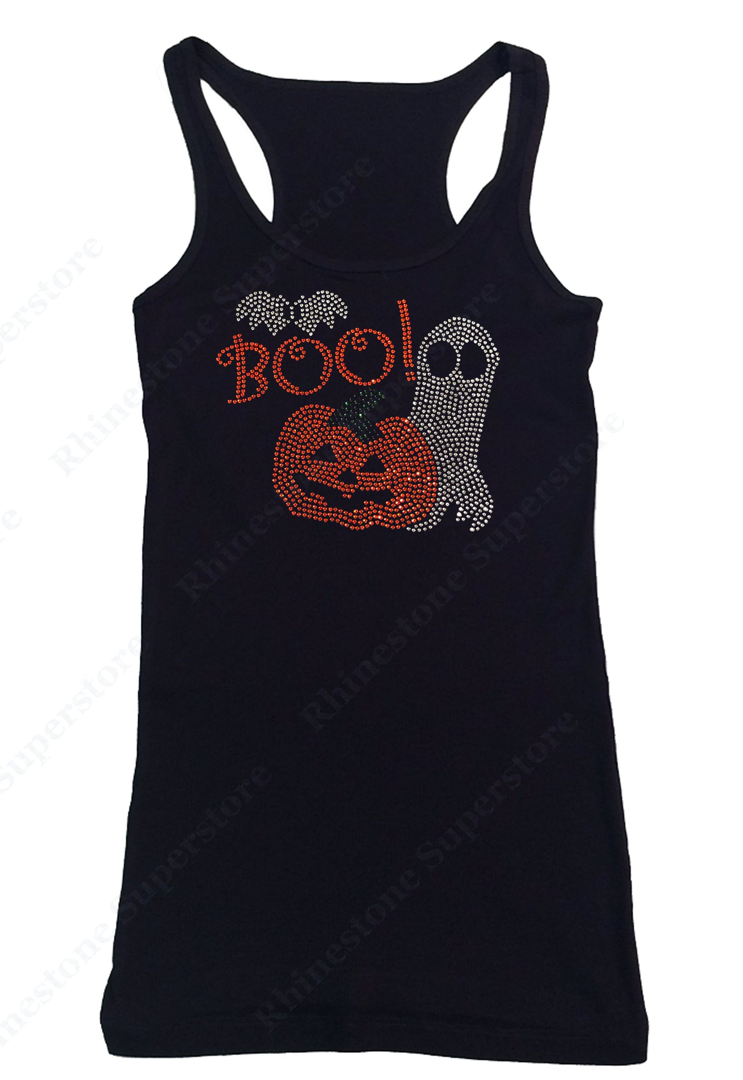 Womens T-shirt with Pumpkin and Ghost with Boo for Halloween in Rhinestones