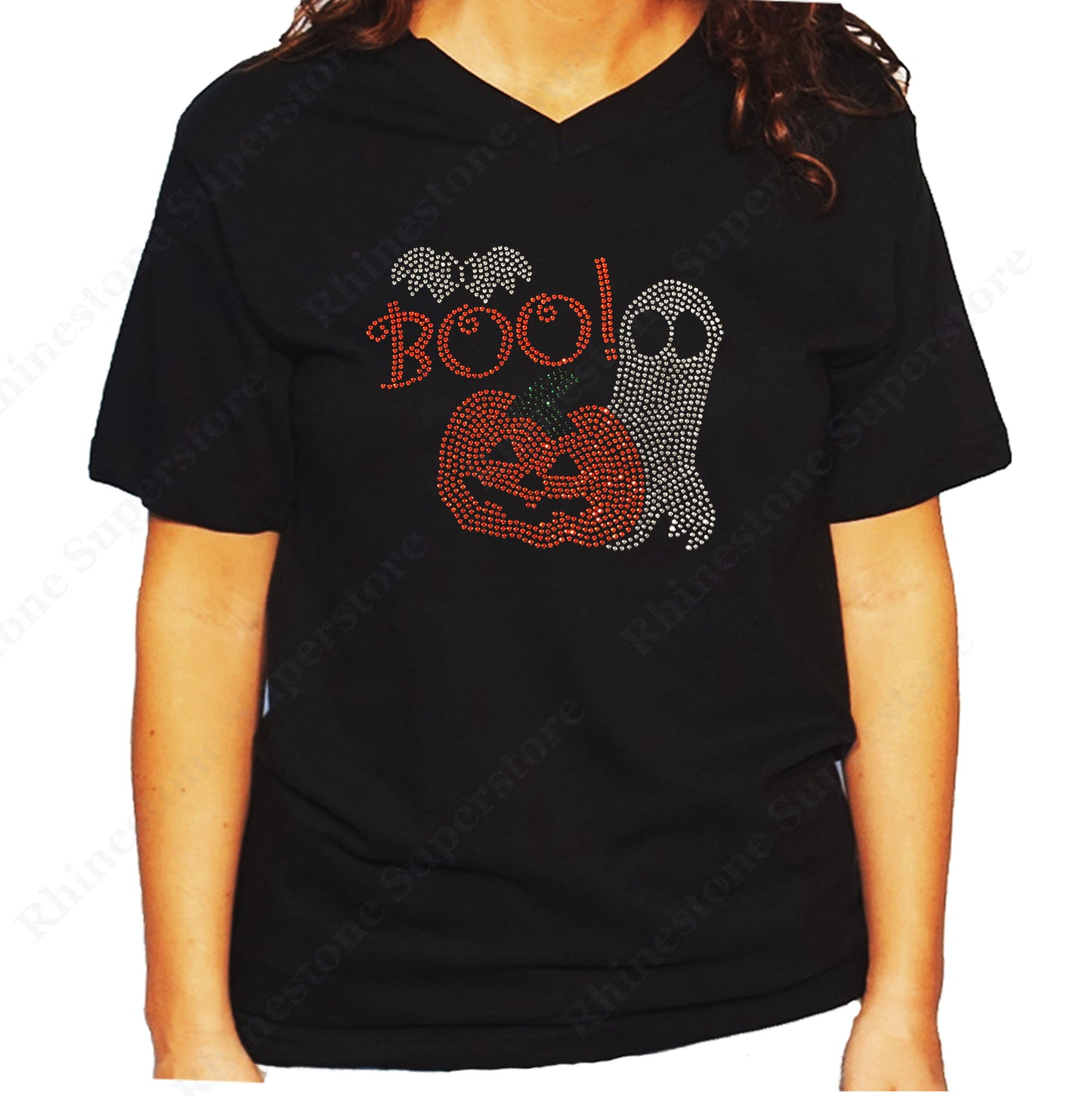 Women's / Unisex T-Shirt with Pumpkin and Ghost with Boo for Halloween in Rhinestones