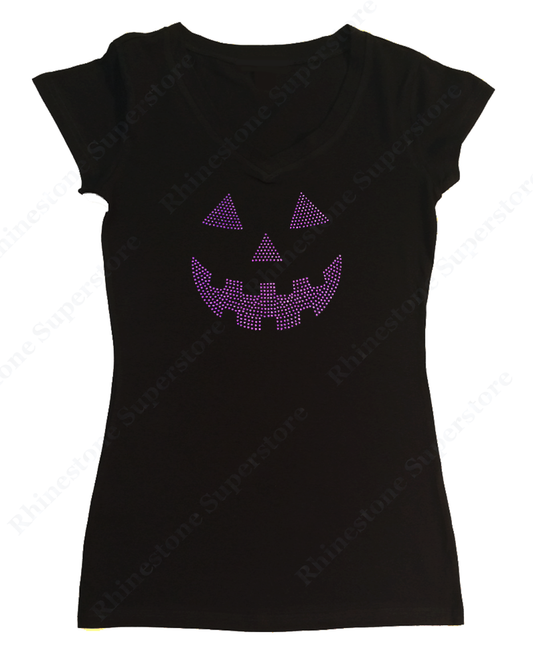 Womens T-shirt with Purple Jack O' Lantern in Rhinestones