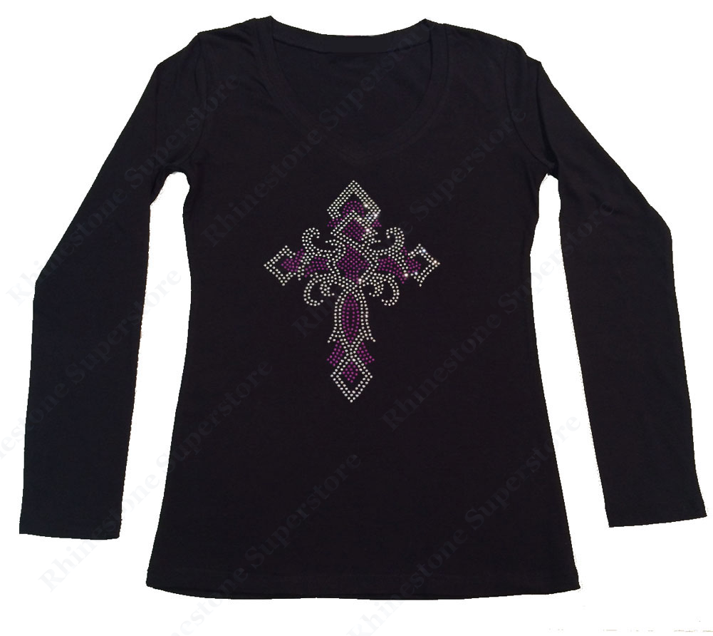 Womens T-shirt with Purple Twisted Cross in Rhinestones