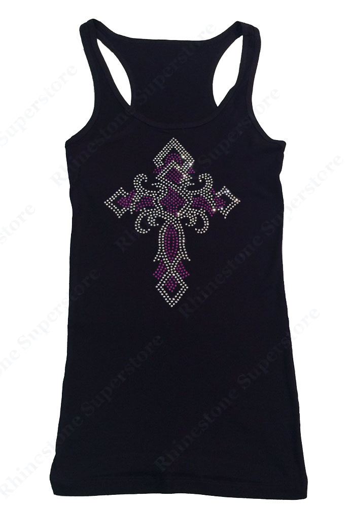 Womens T-shirt with Purple Twisted Cross in Rhinestones