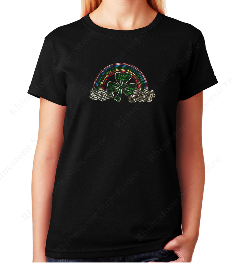 Women's / Unisex T-Shirt with Rainbow and Clover for St. Patrick's Day in Rhinestones