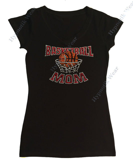 Womens T-shirt with Red Basketball Mom in Rhinestones