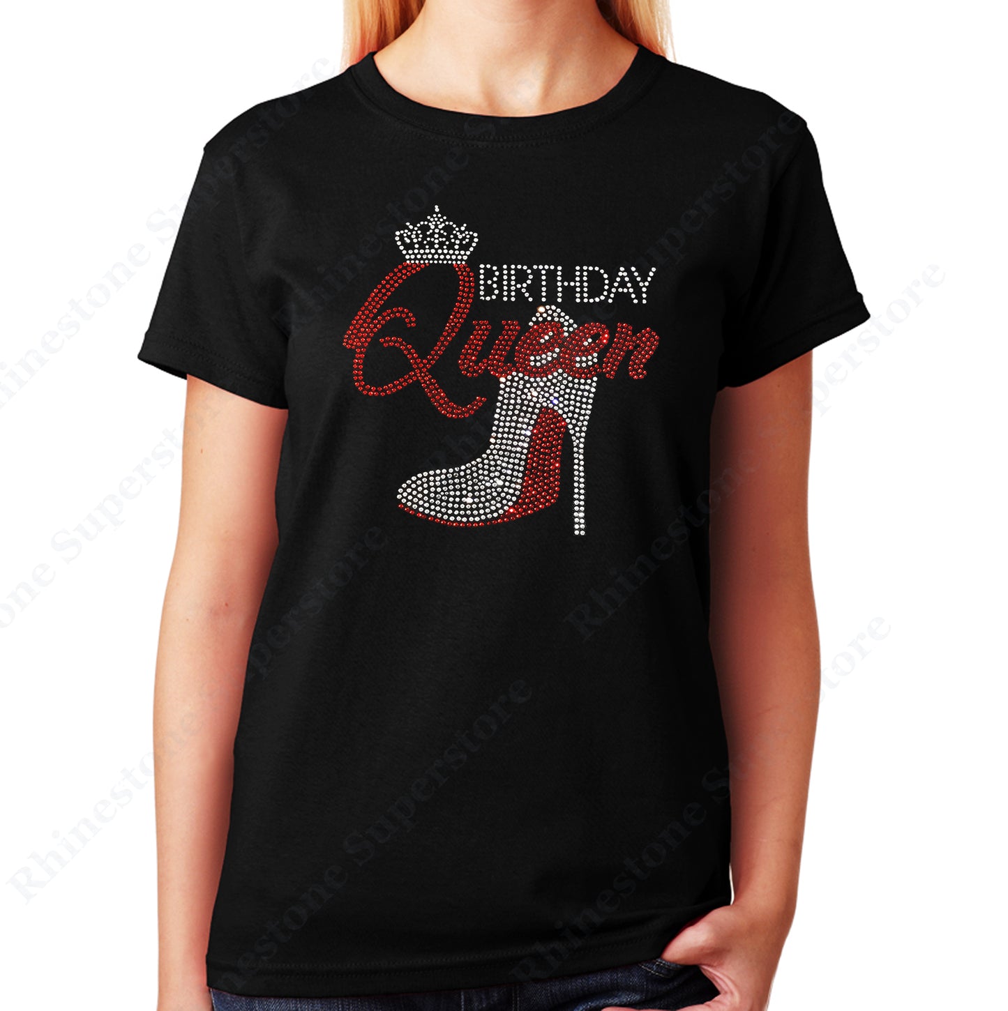 Women's / Unisex T-Shirt with Red Birthday Queen with Heel in Rhinestones