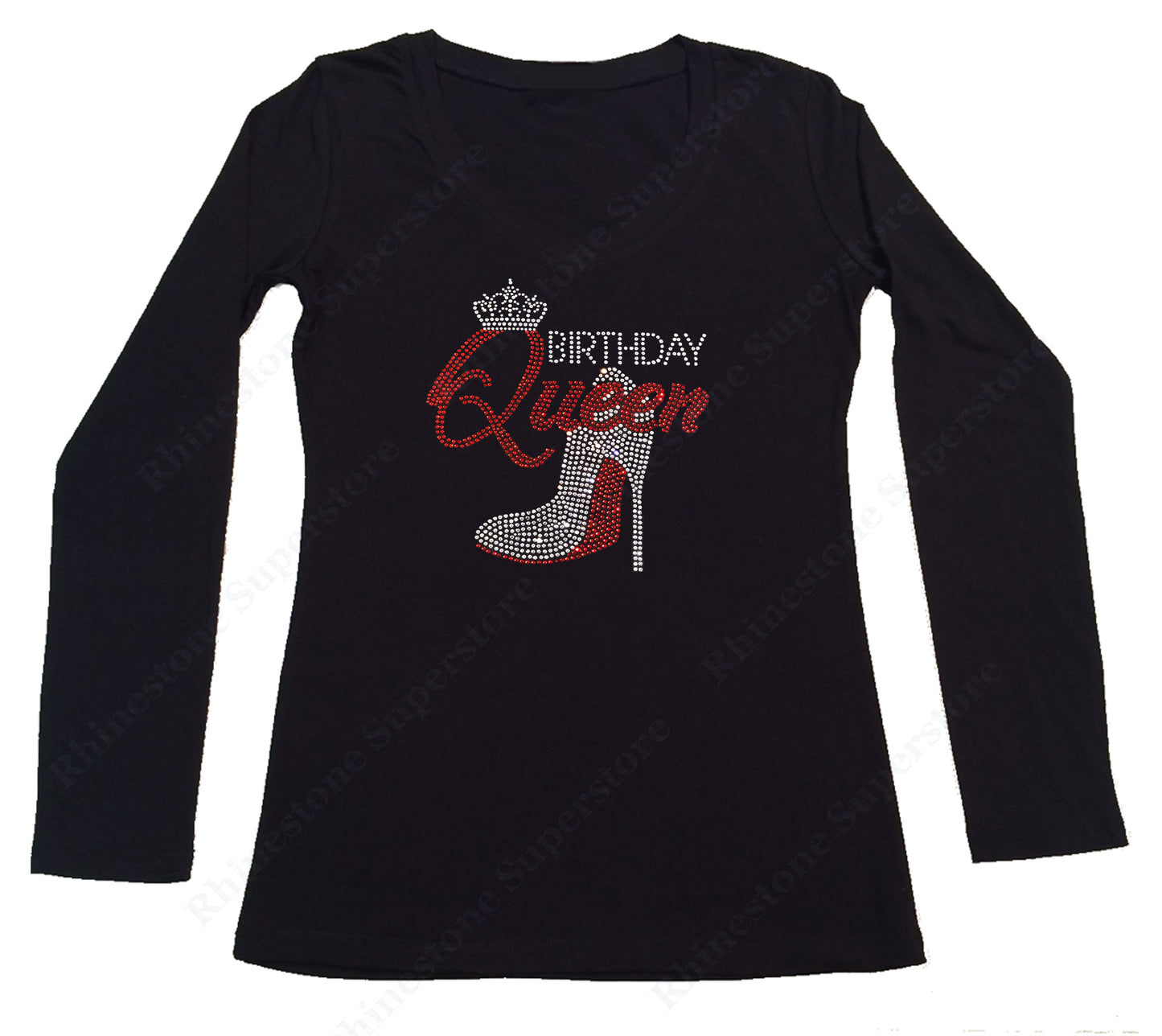 Womens T-shirt with Red Birthday Queen with Heel in Rhinestones