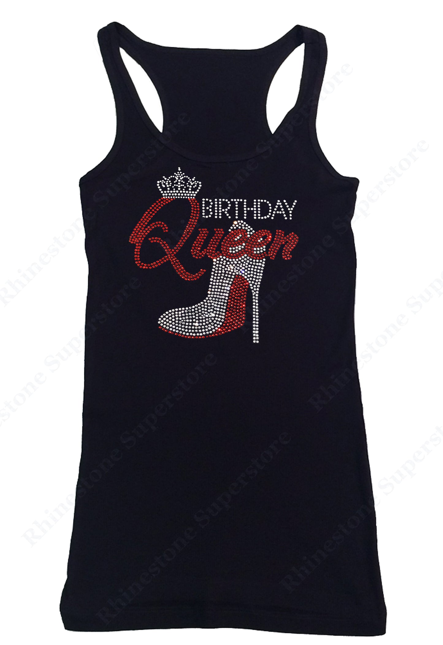 Womens T-shirt with Red Birthday Queen with Heel in Rhinestones
