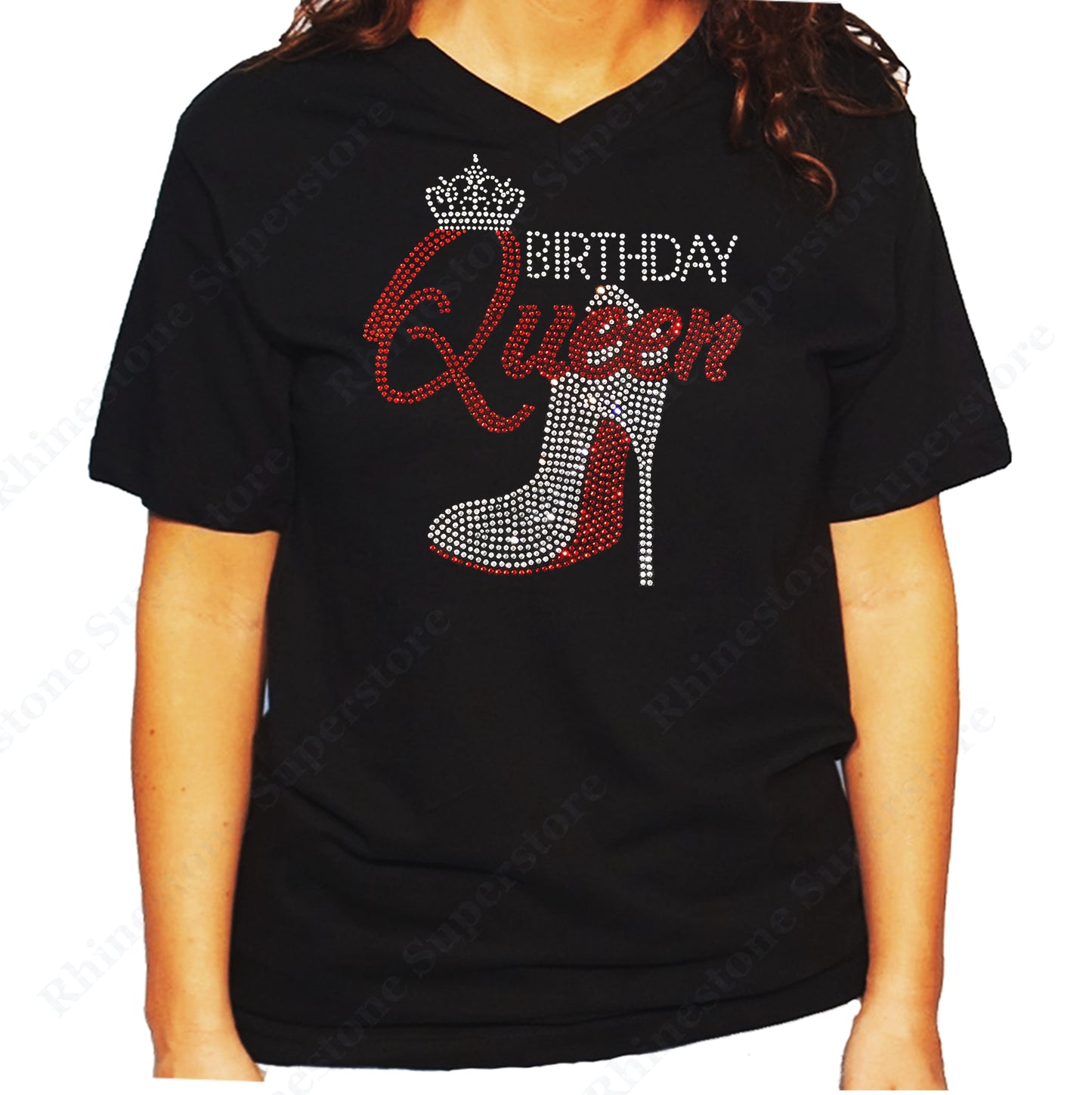 Women's / Unisex T-Shirt with Red Birthday Queen with Heel in Rhinestones
