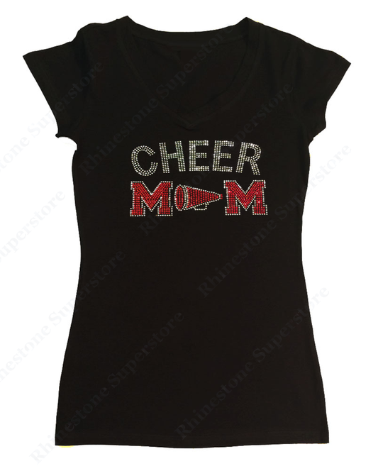 Womens T-shirt with Red Cheer Mom with Megaphone in Rhinestones