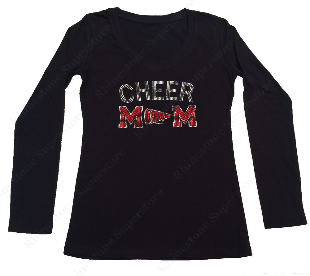 Womens T-shirt with Red Cheer Mom with Megaphone in Rhinestones
