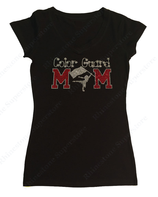 Womens T-shirt with Red Color Guard Mom in Rhinestones
